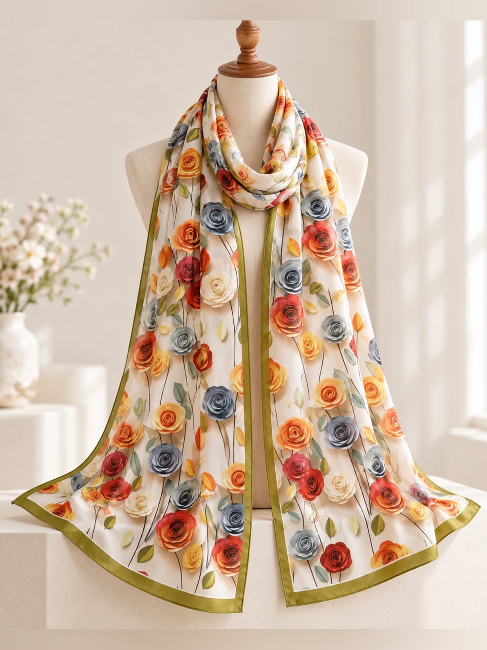Floral Long Scarf Shawl Rose Print Wrap 27.6” x 70.9”